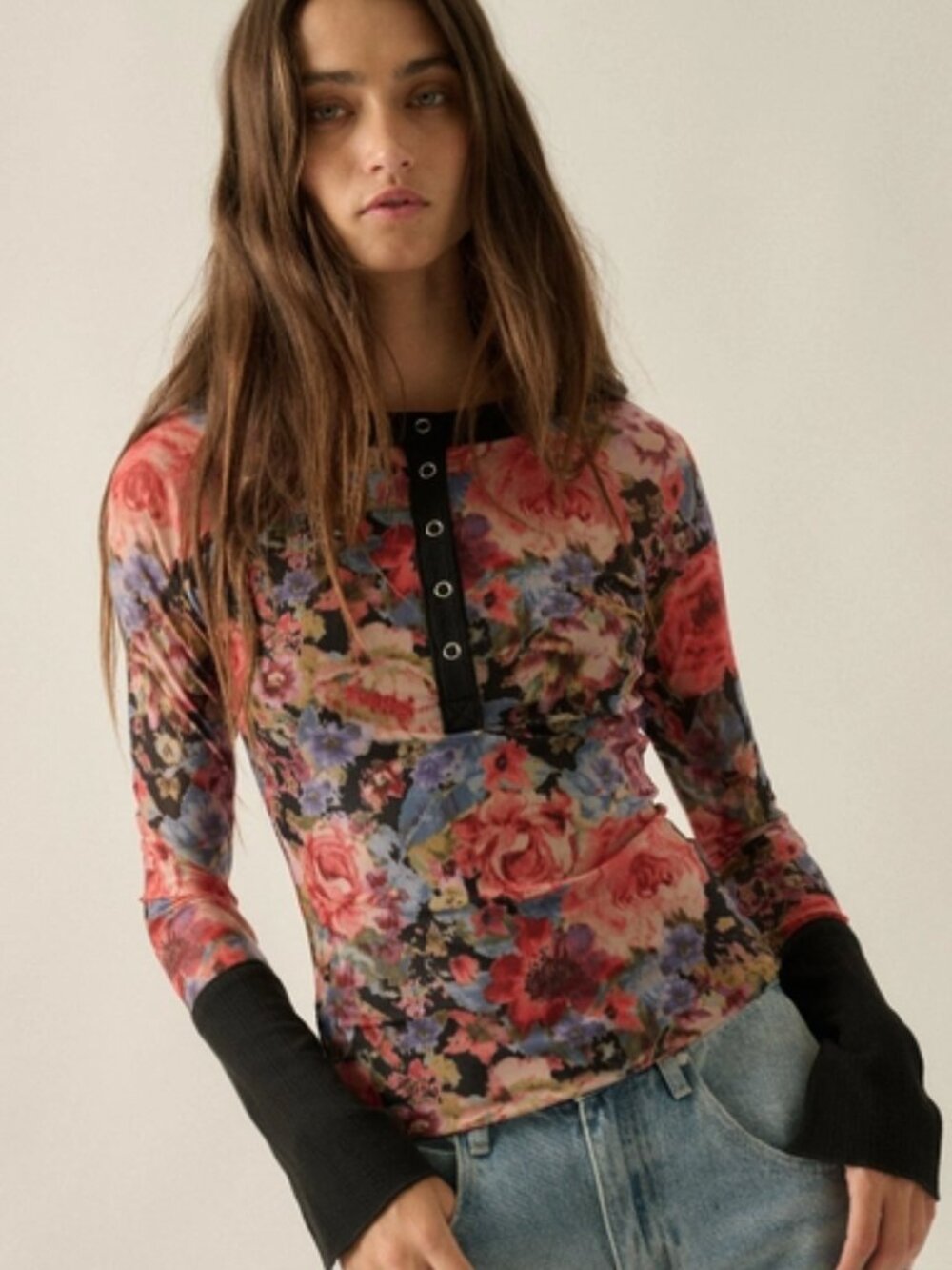 Floral Print Mesh Split Cuff Raglan Long Sleeve Henley Top NEW